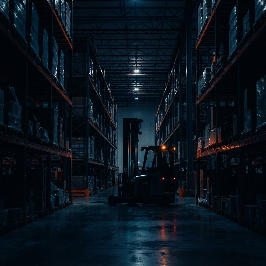 Heftruck tussen pallet-racks in een 3PL-warehouse