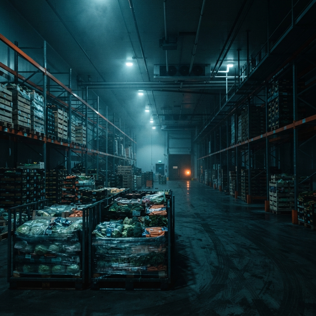 Gekoeld distributiecentrum met kratten verse producten