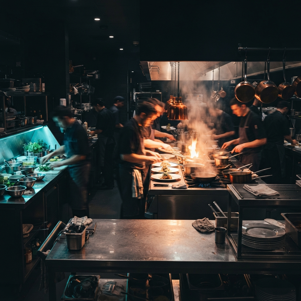 Restaurantkeuken op volle kracht tijdens de avondservice