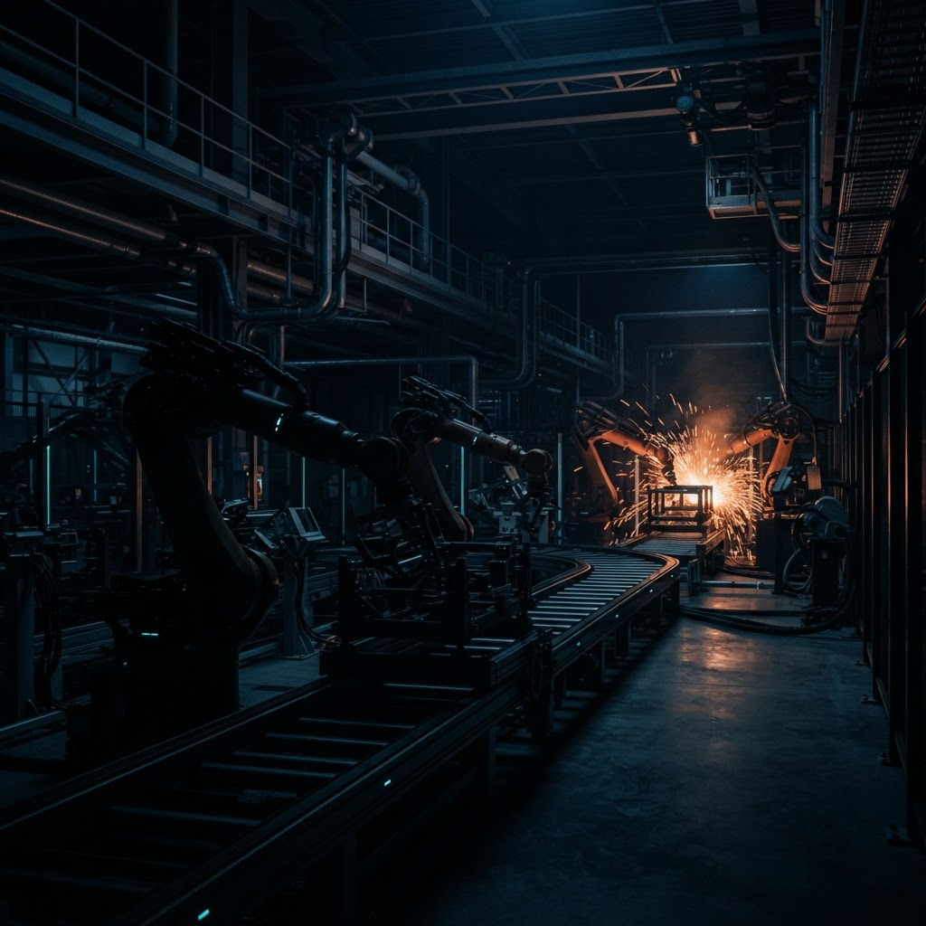 Robot-assemblagelijn met las-gloed in een productiehal